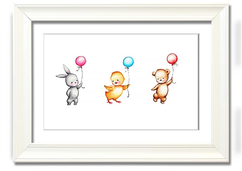 A colorful framed print featuring a whimsical design of animals holding balloons, perfect for children's decor.