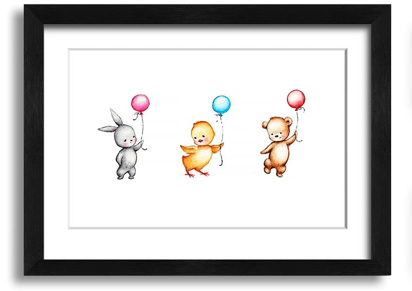 A colorful framed print featuring a whimsical design of animals holding balloons, perfect for children's decor.