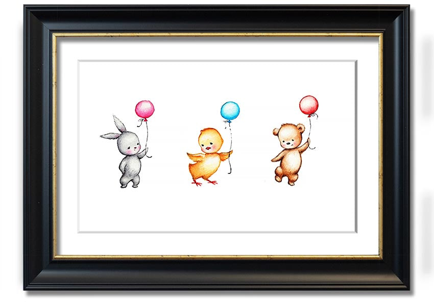 A colorful framed print featuring a whimsical design of animals holding balloons, perfect for children's decor.