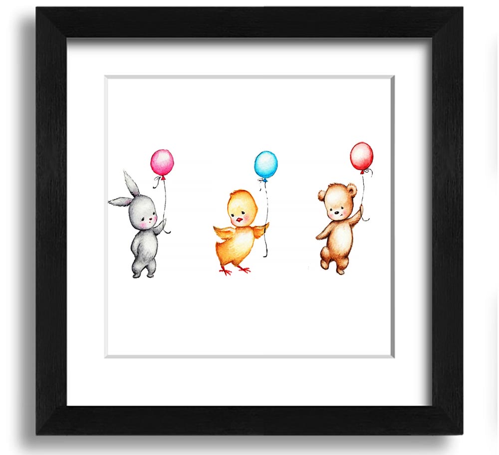 A charming square framed print featuring a whimsical design of animals with colorful balloons, handmade in the UK.