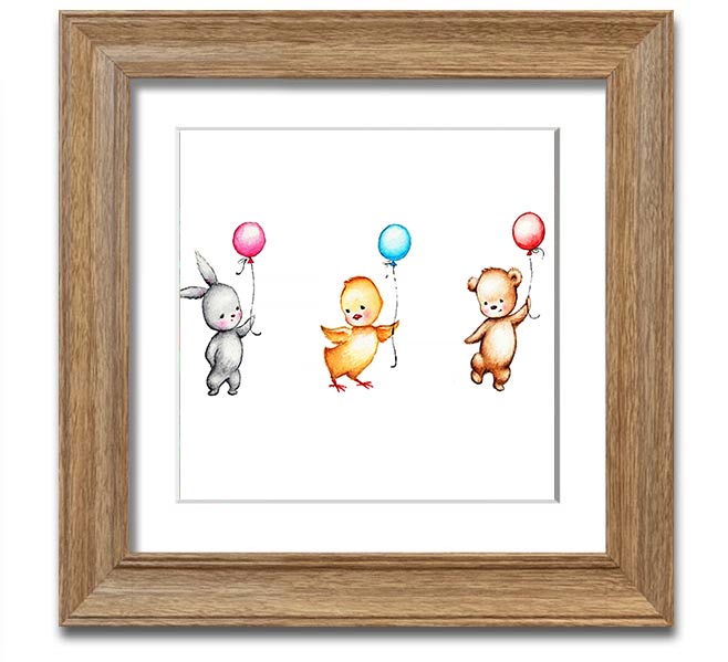 A charming square framed print featuring a whimsical design of animals with colorful balloons, handmade in the UK.