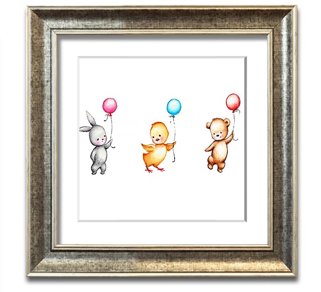 A charming square framed print featuring a whimsical design of animals with colorful balloons, handmade in the UK.