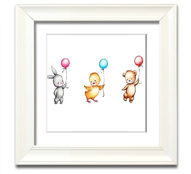 A charming square framed print featuring a whimsical design of animals with colorful balloons, handmade in the UK.