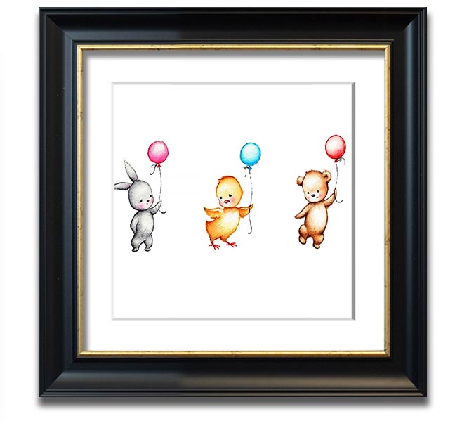 A charming square framed print featuring a whimsical design of animals with colorful balloons, handmade in the UK.