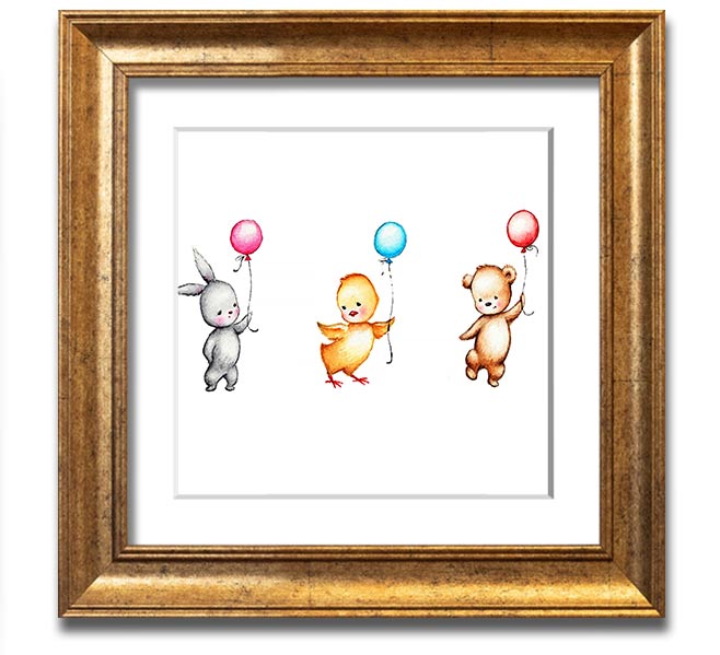 A charming square framed print featuring a whimsical design of animals with colorful balloons, handmade in the UK.