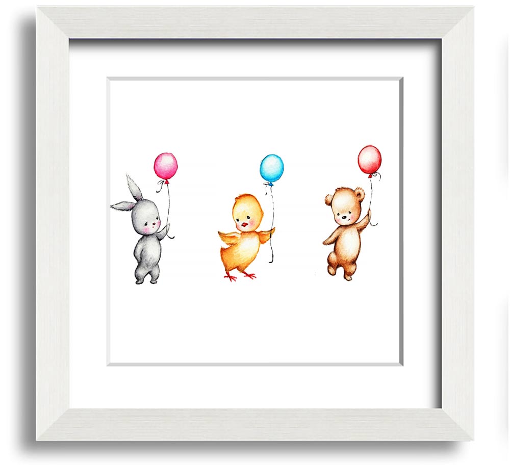 A charming square framed print featuring a whimsical design of animals with colorful balloons, handmade in the UK.