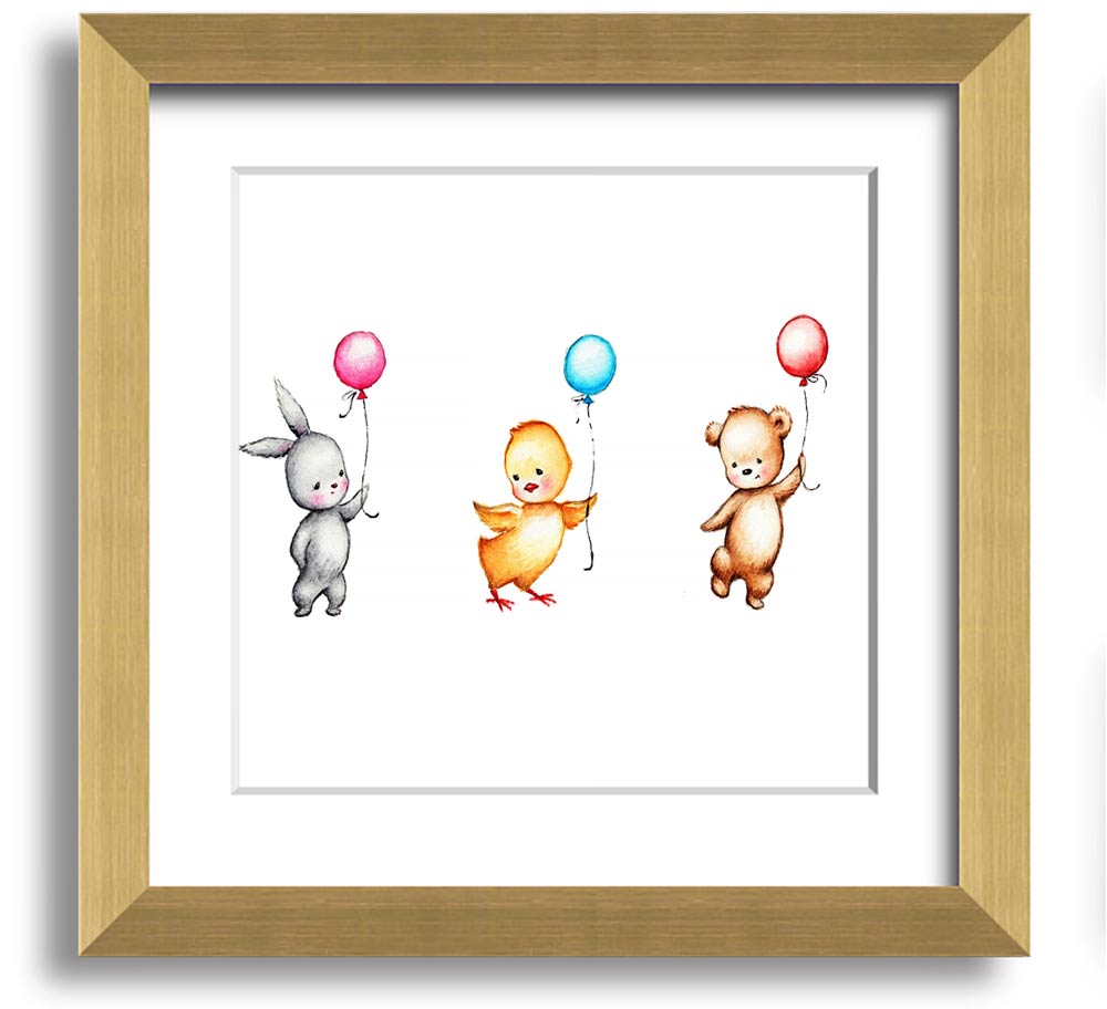 A charming square framed print featuring a whimsical design of animals with colorful balloons, handmade in the UK.