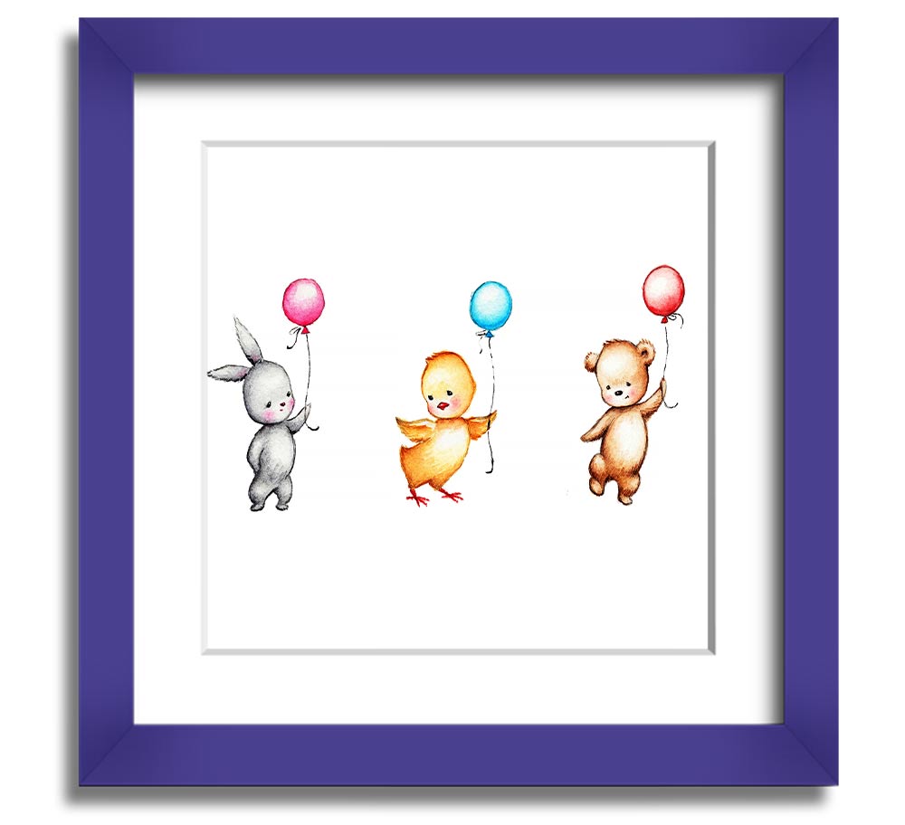 A charming square framed print featuring a whimsical design of animals with colorful balloons, handmade in the UK.