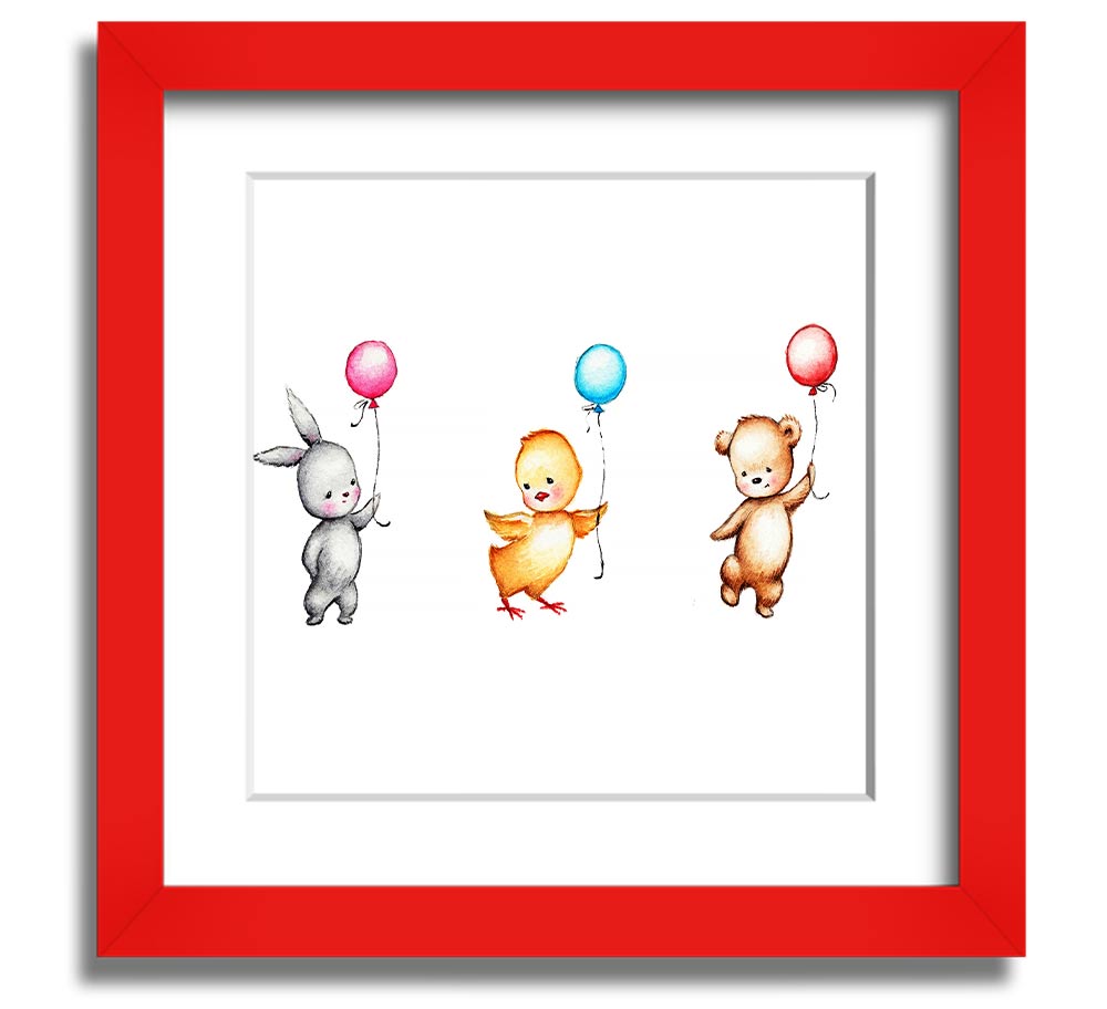 A charming square framed print featuring a whimsical design of animals with colorful balloons, handmade in the UK.