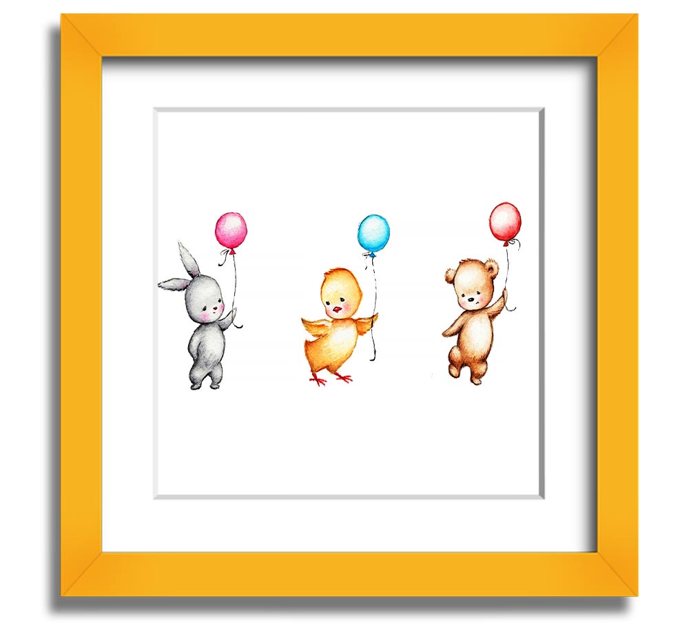 A charming square framed print featuring a whimsical design of animals with colorful balloons, handmade in the UK.