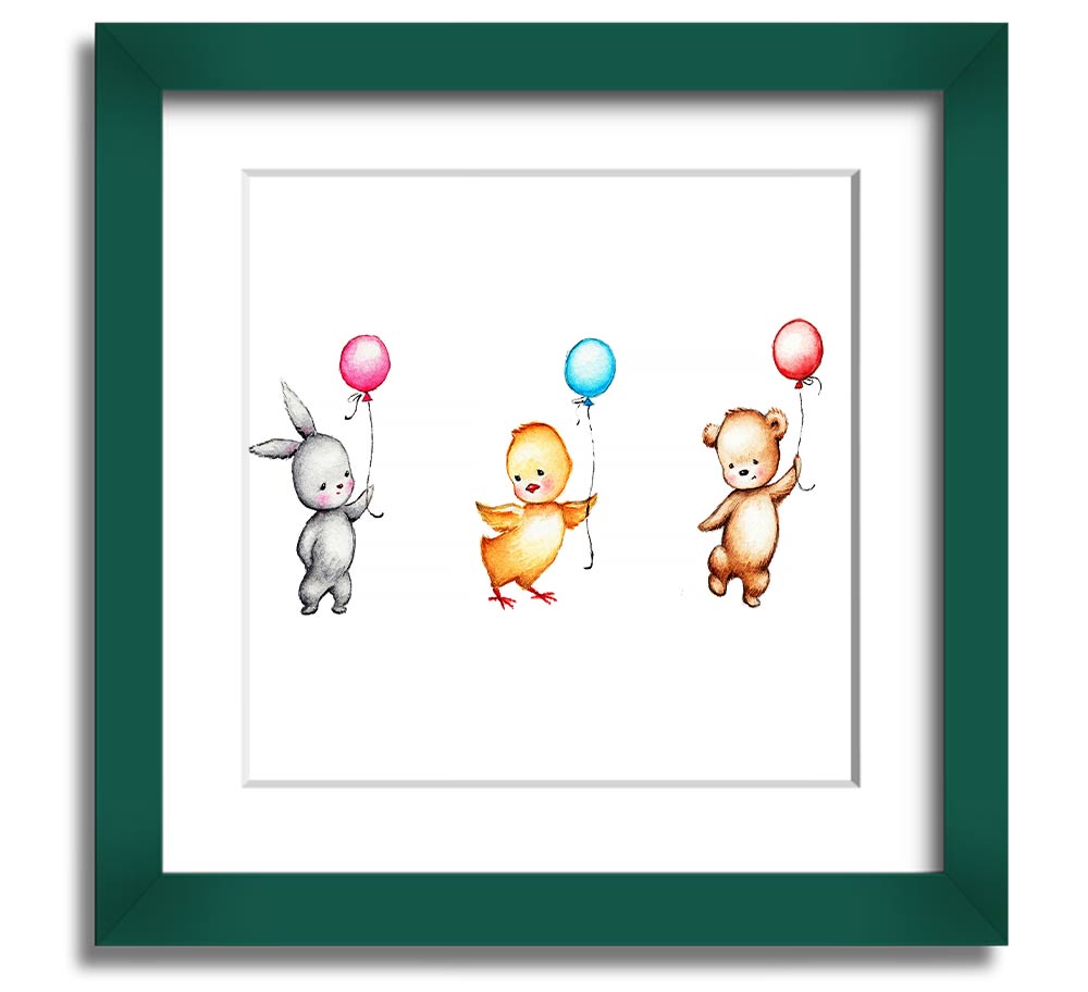 A charming square framed print featuring a whimsical design of animals with colorful balloons, handmade in the UK.