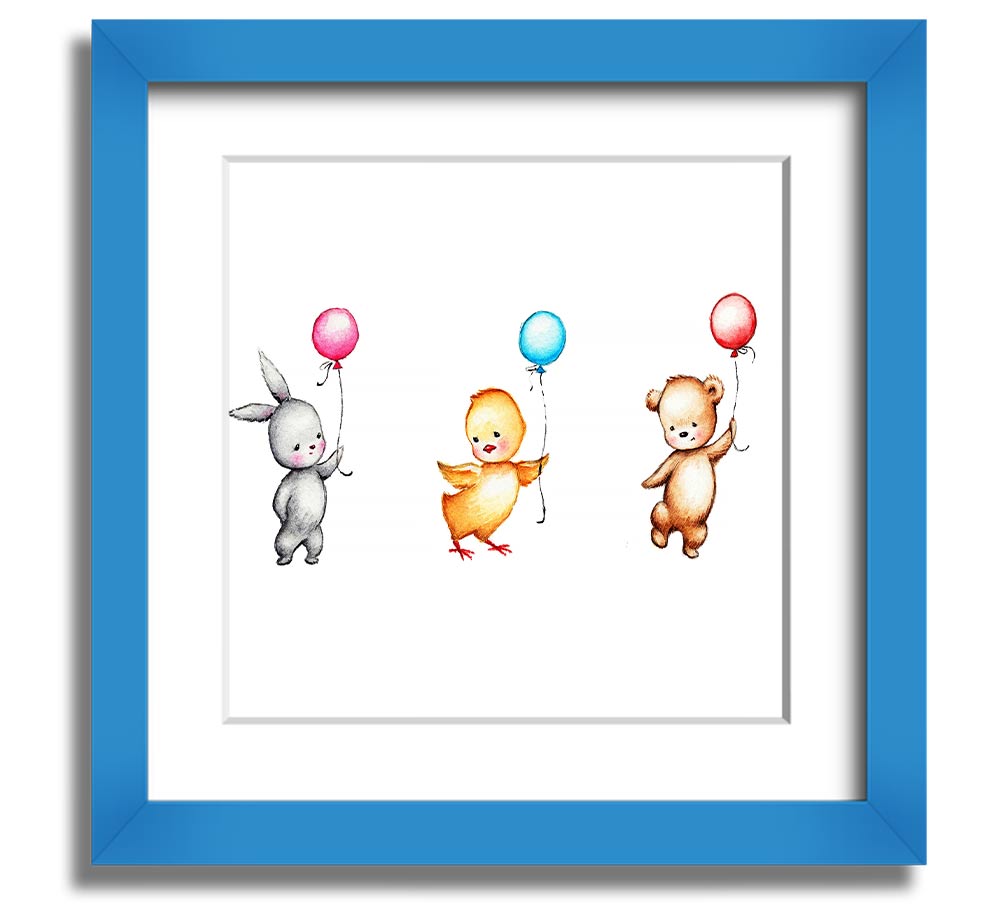 A charming square framed print featuring a whimsical design of animals with colorful balloons, handmade in the UK.