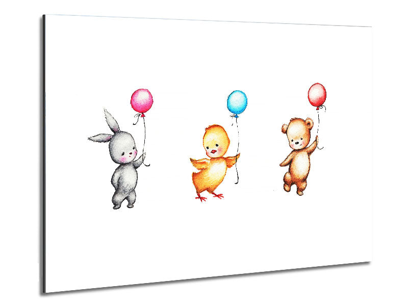 A colorful art piece featuring balloon animals printed on brushed aluminium dibond, showcasing a modern design.