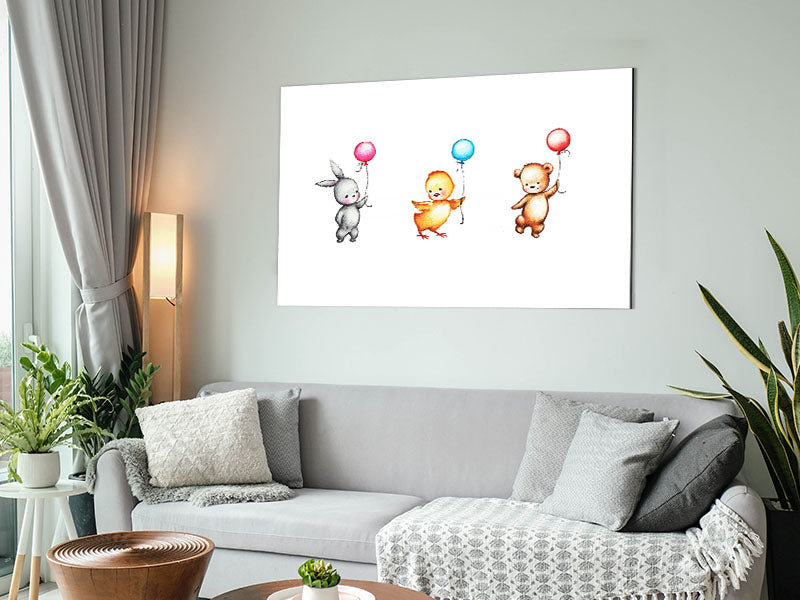 A colorful art piece featuring balloon animals printed on brushed aluminium dibond, showcasing a modern design.