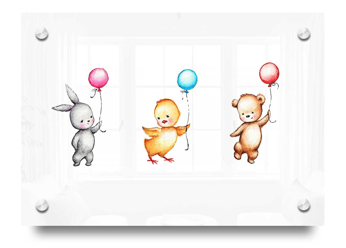 A colorful acrylic print featuring a whimsical family of animal balloons, perfect for children's decor.