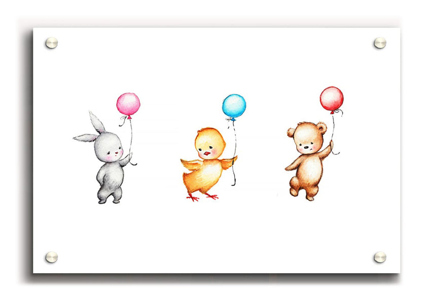 A colorful acrylic print featuring a whimsical family of animal balloons, perfect for children's decor.