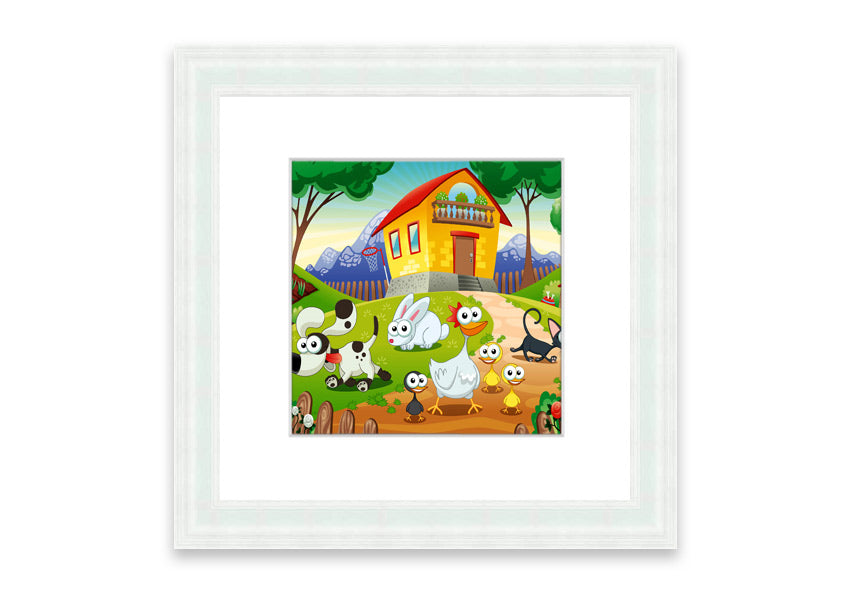 A colorful framed print of farm animals, handmade in the UK, showcasing vibrant artwork in a stylish frame.