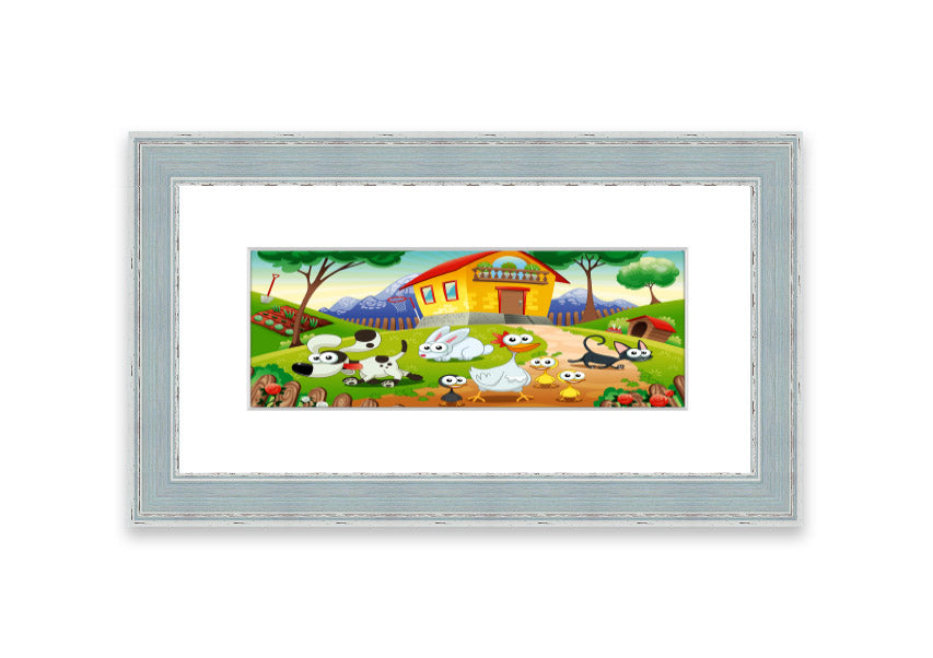 A colorful framed print of farm animals, handmade in the UK, showcasing vibrant artwork in a stylish frame.