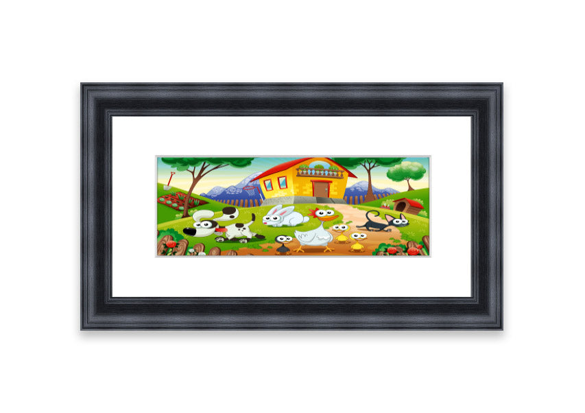 A colorful framed print of farm animals, handmade in the UK, showcasing vibrant artwork in a stylish frame.