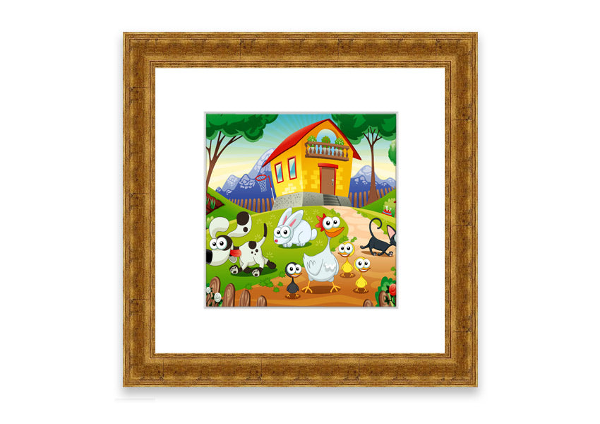 A colorful framed print of farm animals, handmade in the UK, showcasing vibrant artwork in a stylish frame.