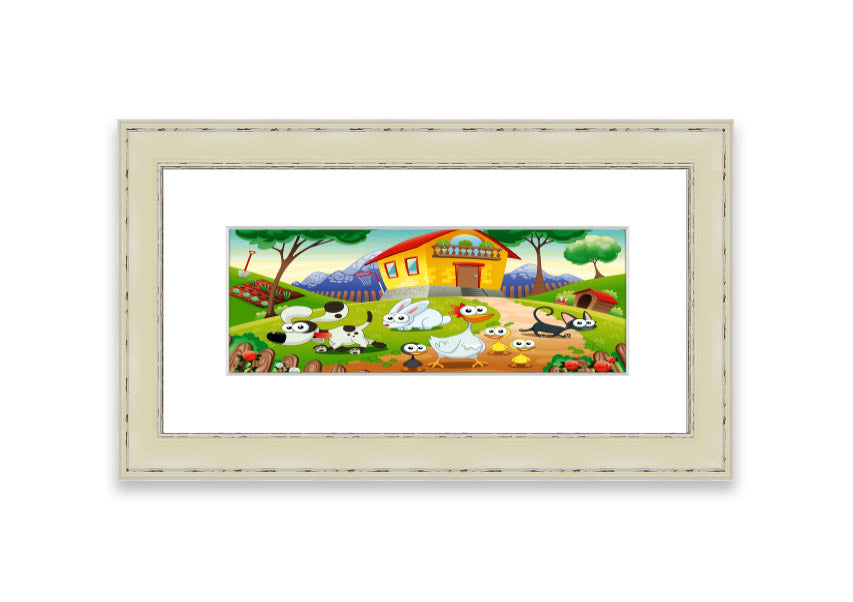 A colorful framed print of farm animals, handmade in the UK, showcasing vibrant artwork in a stylish frame.