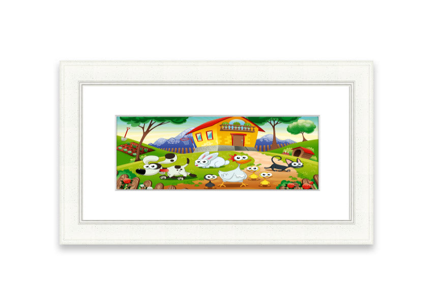 A colorful framed print of farm animals, handmade in the UK, showcasing vibrant artwork in a stylish frame.