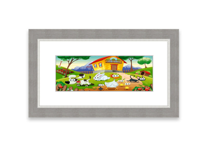 A colorful framed print of farm animals, handmade in the UK, showcasing vibrant artwork in a stylish frame.