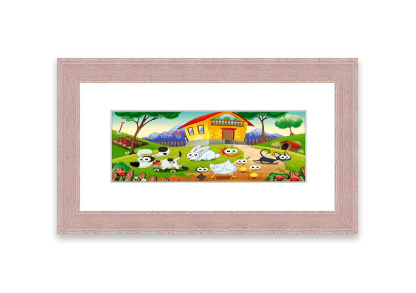 A colorful framed print of farm animals, handmade in the UK, showcasing vibrant artwork in a stylish frame.