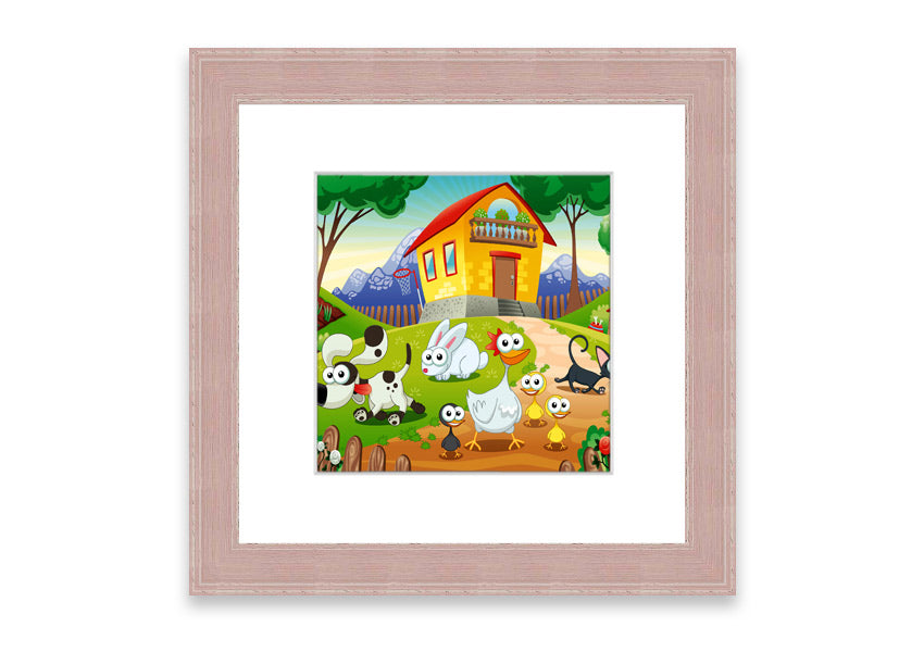 A colorful framed print of farm animals, handmade in the UK, showcasing vibrant artwork in a stylish frame.