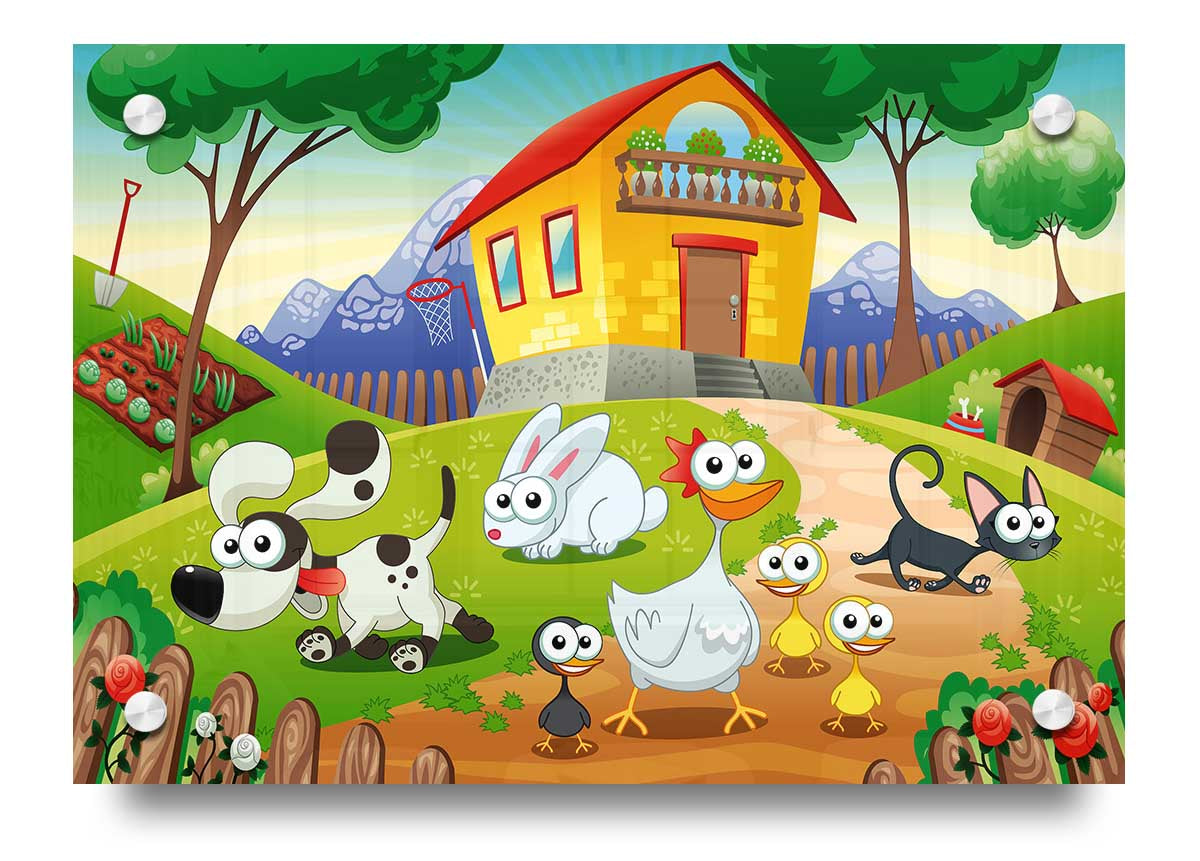 Colorful Animal Farm Fun acrylic print on 5mm thick acrylic glass, showcasing vibrant animal illustrations.