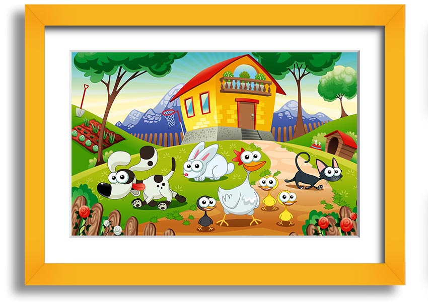 A colorful framed print titled 'Animal Farm Fun', showcasing playful animal illustrations, available in various frame colors.