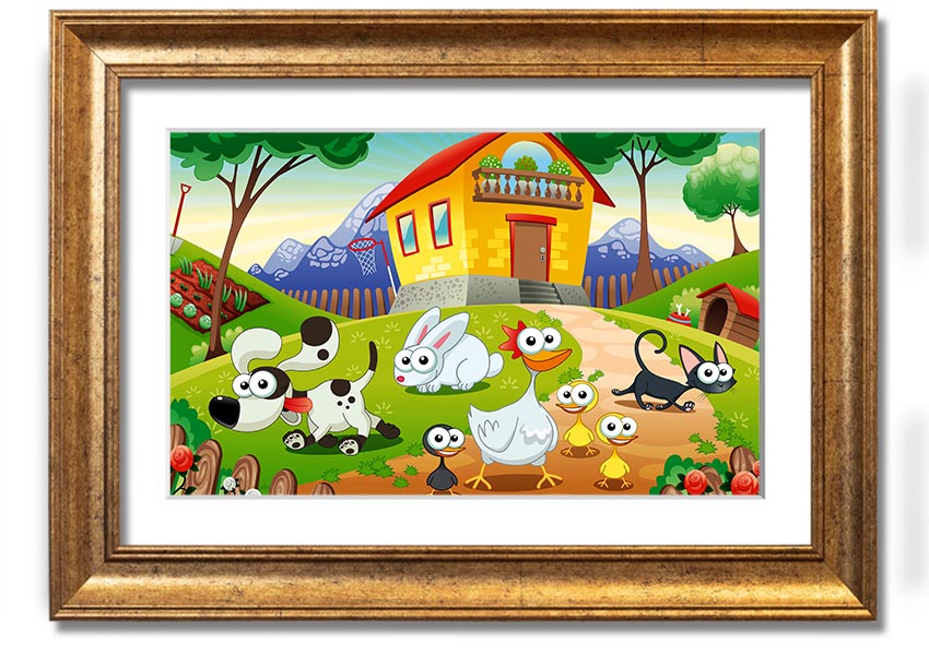 A colorful framed print titled 'Animal Farm Fun', showcasing playful animal illustrations, available in various frame colors.