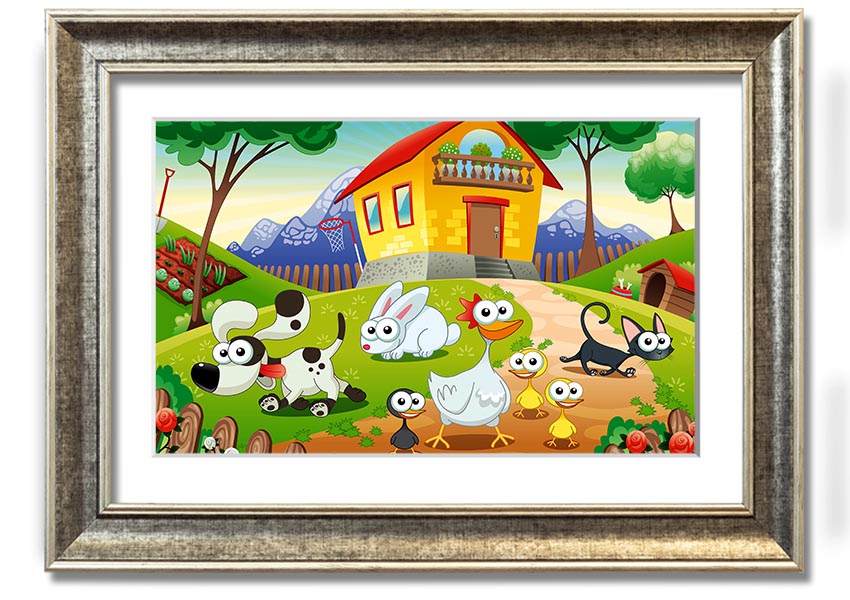 A colorful framed print titled 'Animal Farm Fun', showcasing playful animal illustrations, available in various frame colors.