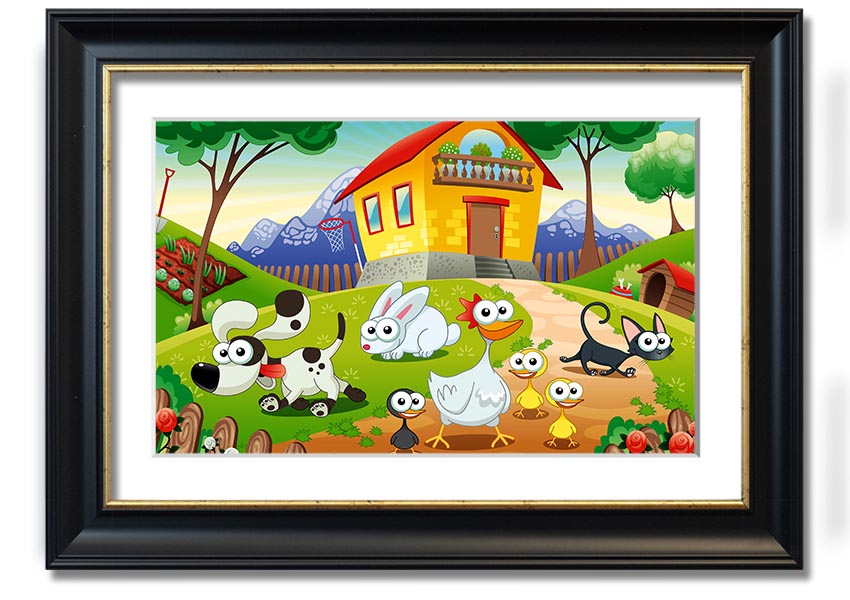 A colorful framed print titled 'Animal Farm Fun', showcasing playful animal illustrations, available in various frame colors.