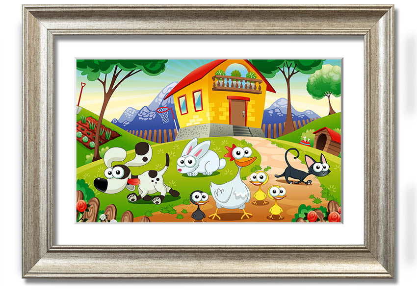 A colorful framed print titled 'Animal Farm Fun', showcasing playful animal illustrations, available in various frame colors.