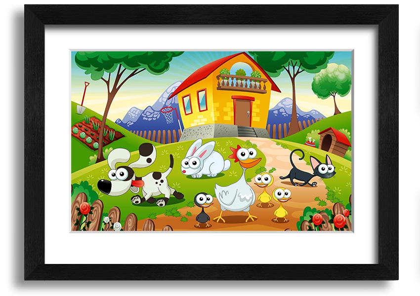 A colorful framed print titled 'Animal Farm Fun', showcasing playful animal illustrations, available in various frame colors.