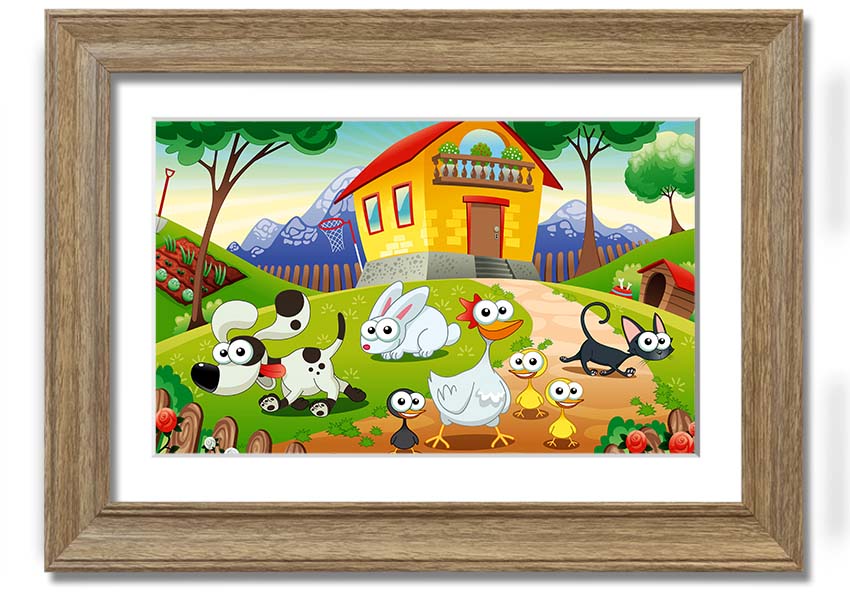 A colorful framed print titled 'Animal Farm Fun', showcasing playful animal illustrations, available in various frame colors.