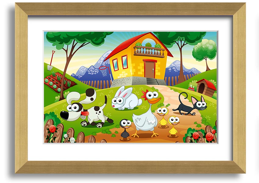 A colorful framed print titled 'Animal Farm Fun', showcasing playful animal illustrations, available in various frame colors.