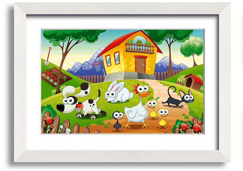 A colorful framed print titled 'Animal Farm Fun', showcasing playful animal illustrations, available in various frame colors.