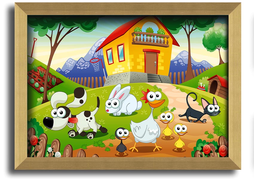 A colorful framed print titled 'Animal Farm Fun', showcasing playful animal illustrations, available in various frame colors.