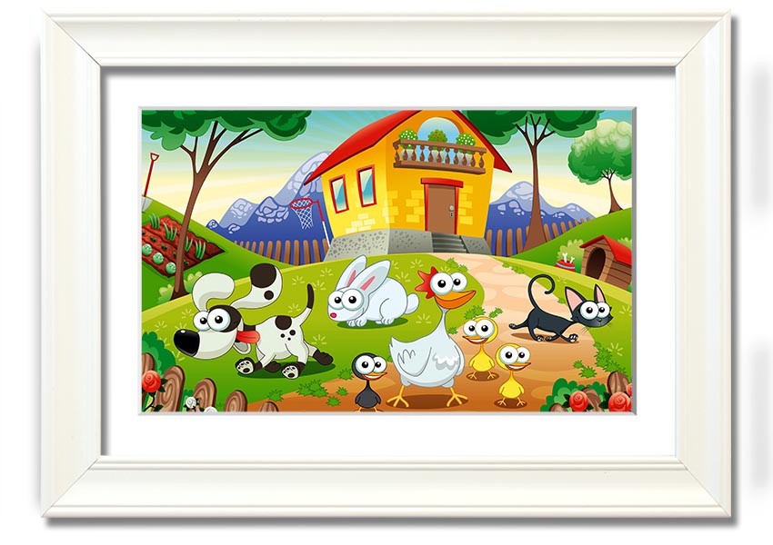 A colorful framed print titled 'Animal Farm Fun', showcasing playful animal illustrations, available in various frame colors.