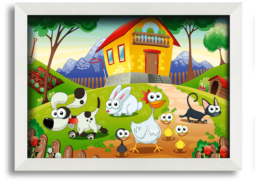 A colorful framed print titled 'Animal Farm Fun', showcasing playful animal illustrations, available in various frame colors.