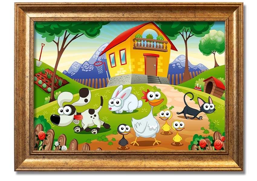 A colorful framed print titled 'Animal Farm Fun', showcasing playful animal illustrations, available in various frame colors.