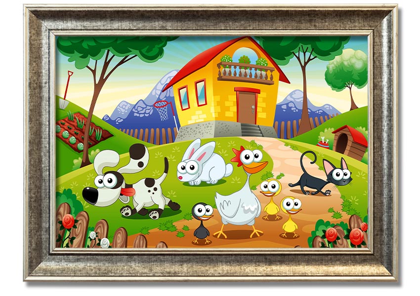 A colorful framed print titled 'Animal Farm Fun', showcasing playful animal illustrations, available in various frame colors.