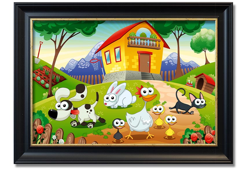 A colorful framed print titled 'Animal Farm Fun', showcasing playful animal illustrations, available in various frame colors.