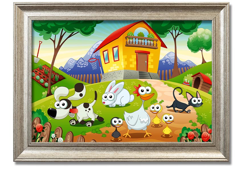 A colorful framed print titled 'Animal Farm Fun', showcasing playful animal illustrations, available in various frame colors.