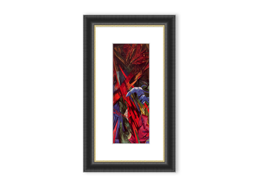 Framed print of Animal Fates by Franz Marc, showcasing vibrant colors and animal motifs, ready to hang.