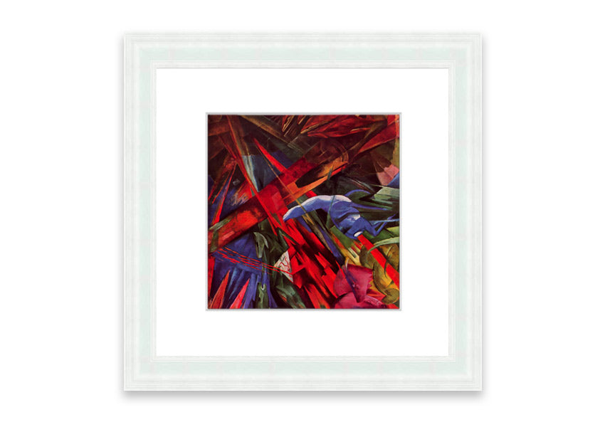 Framed print of Animal Fates by Franz Marc, showcasing vibrant colors and animal motifs, ready to hang.