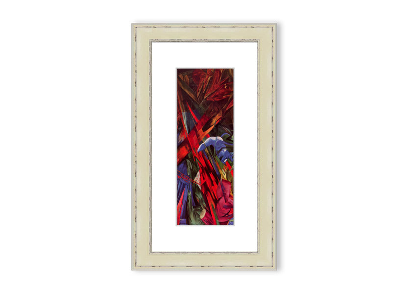 Framed print of Animal Fates by Franz Marc, showcasing vibrant colors and animal motifs, ready to hang.