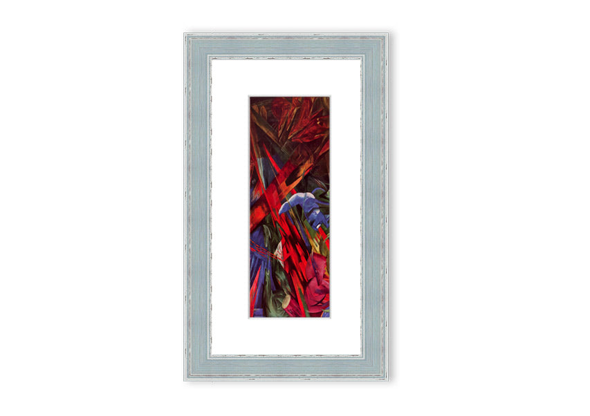 Framed print of Animal Fates by Franz Marc, showcasing vibrant colors and animal motifs, ready to hang.